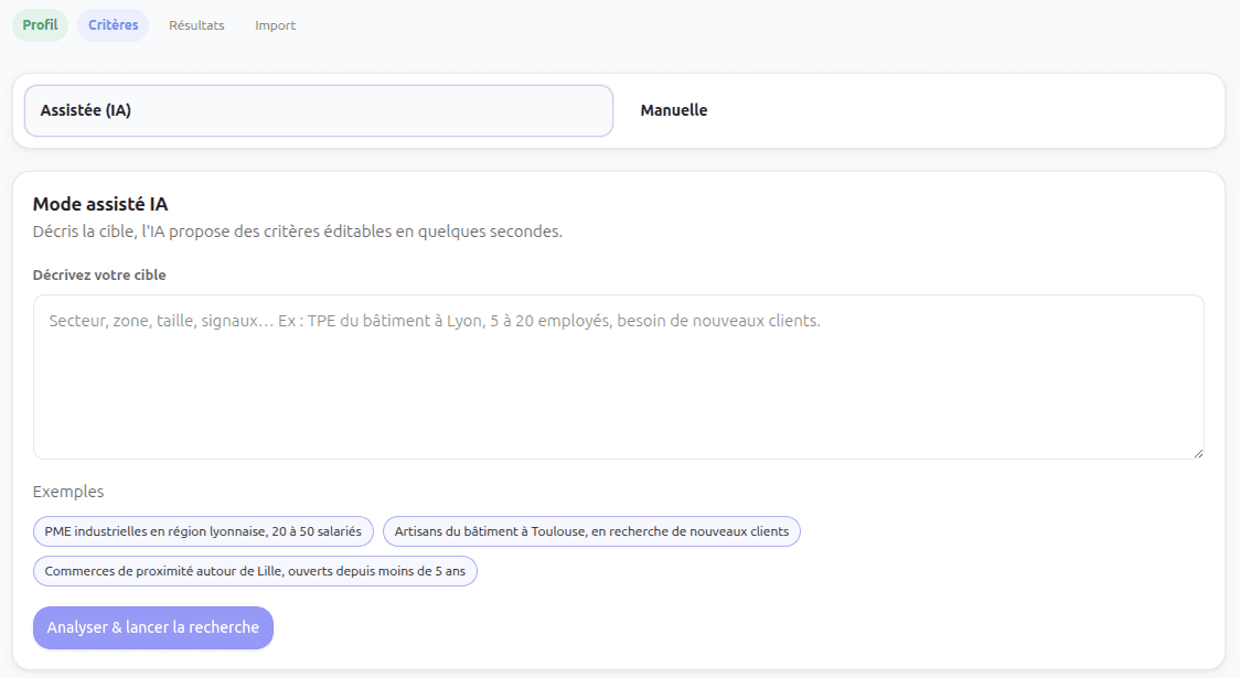Interface de recherche B2B TrouveTonClient : filtres secteur d'activité, zone géographique et résultats d'entreprises