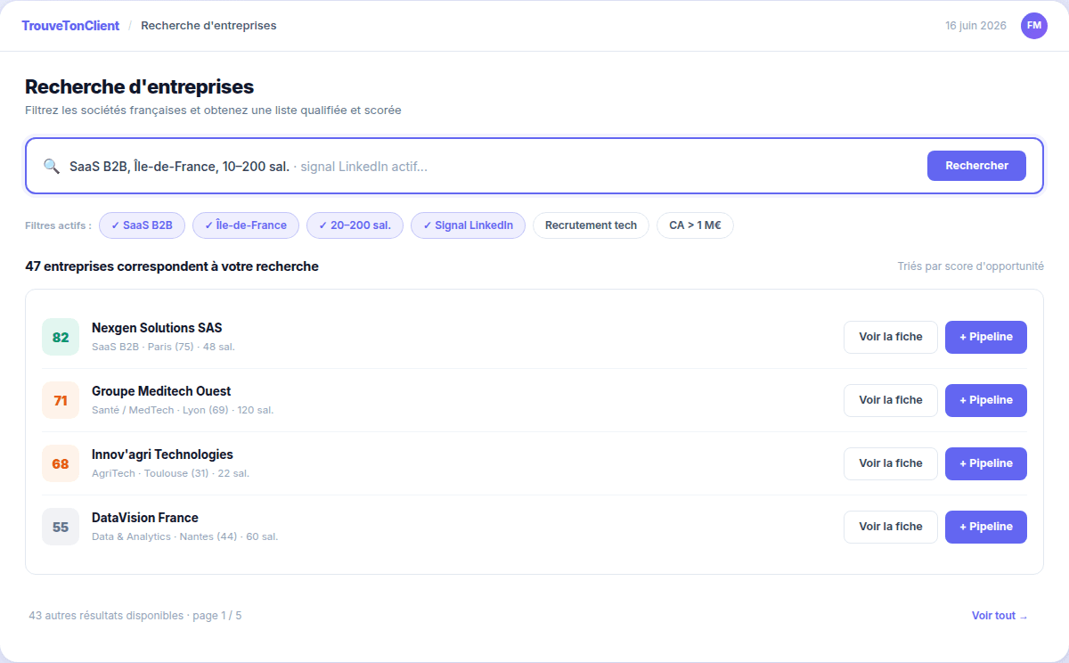 Interface de recherche et filtres entreprises TrouveTonClient